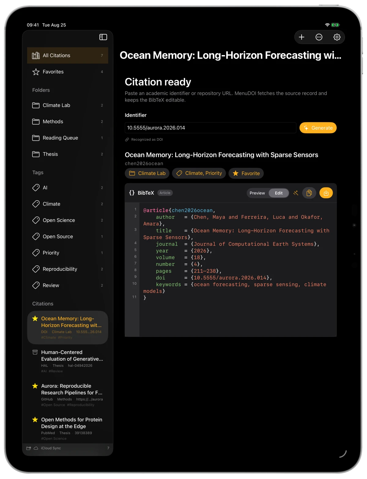 MenuDOI BibTeX editor in an iPad Pro frame, in dark mode with line numbers and syntax colours