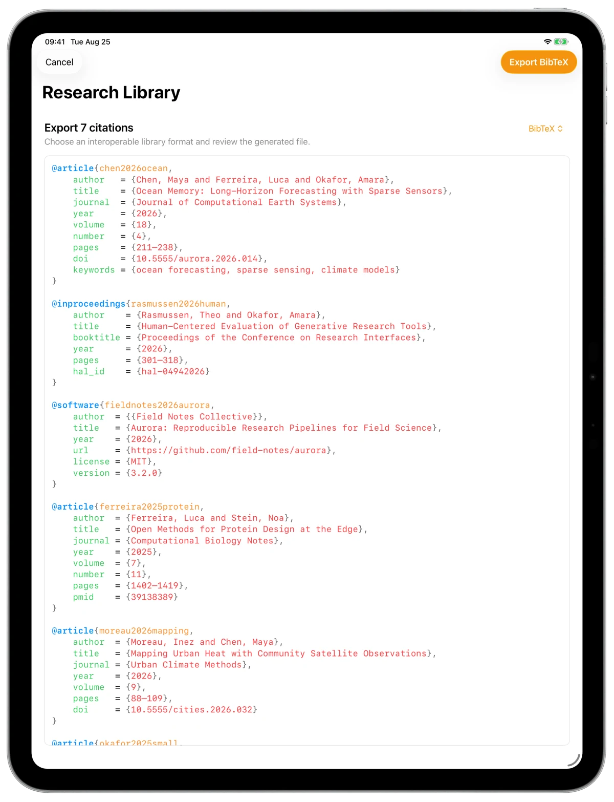 A complete BibTeX library ready to export from MenuDOI in an iPad Pro frame