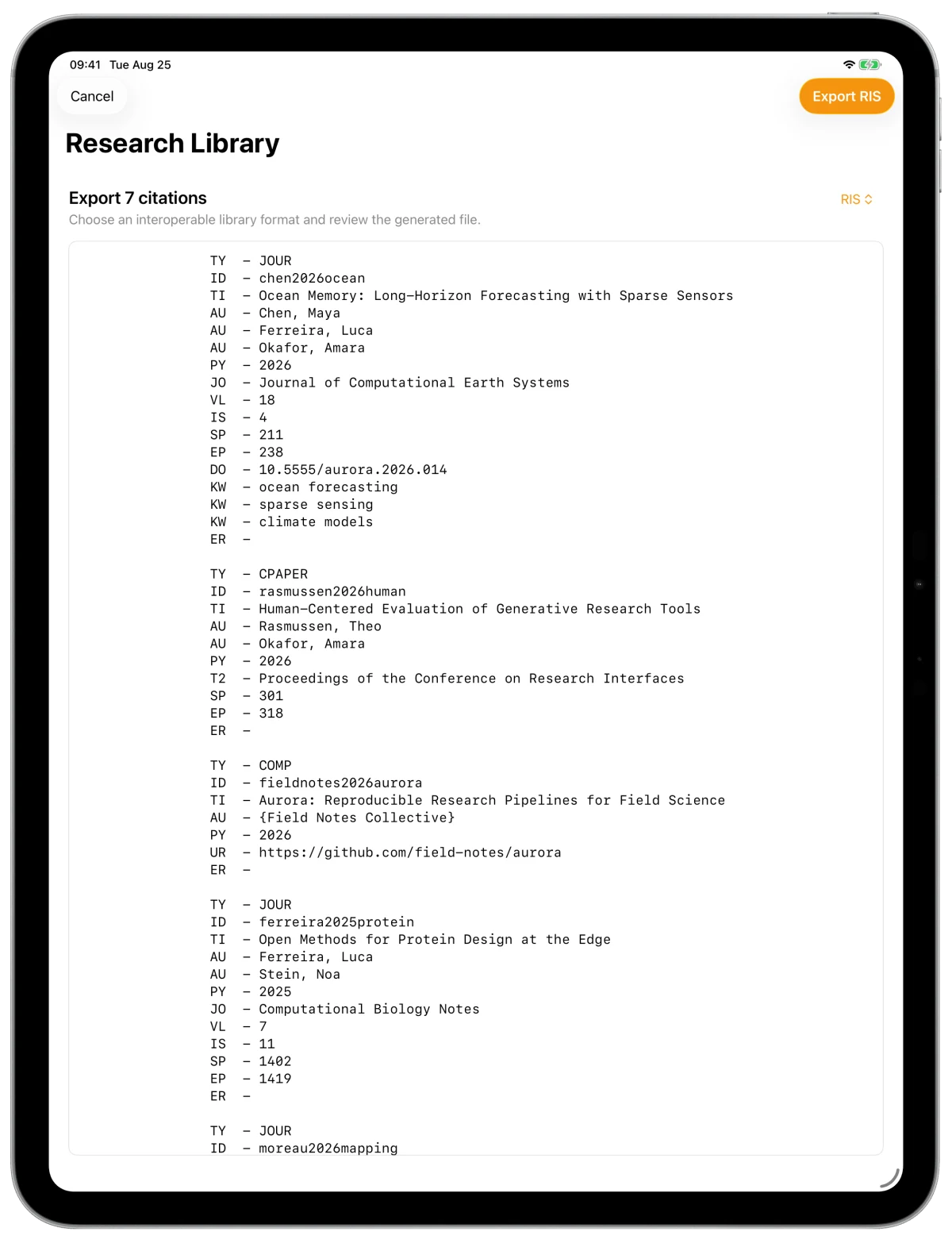 A citation library converted to RIS in MenuDOI inside an iPad Pro frame