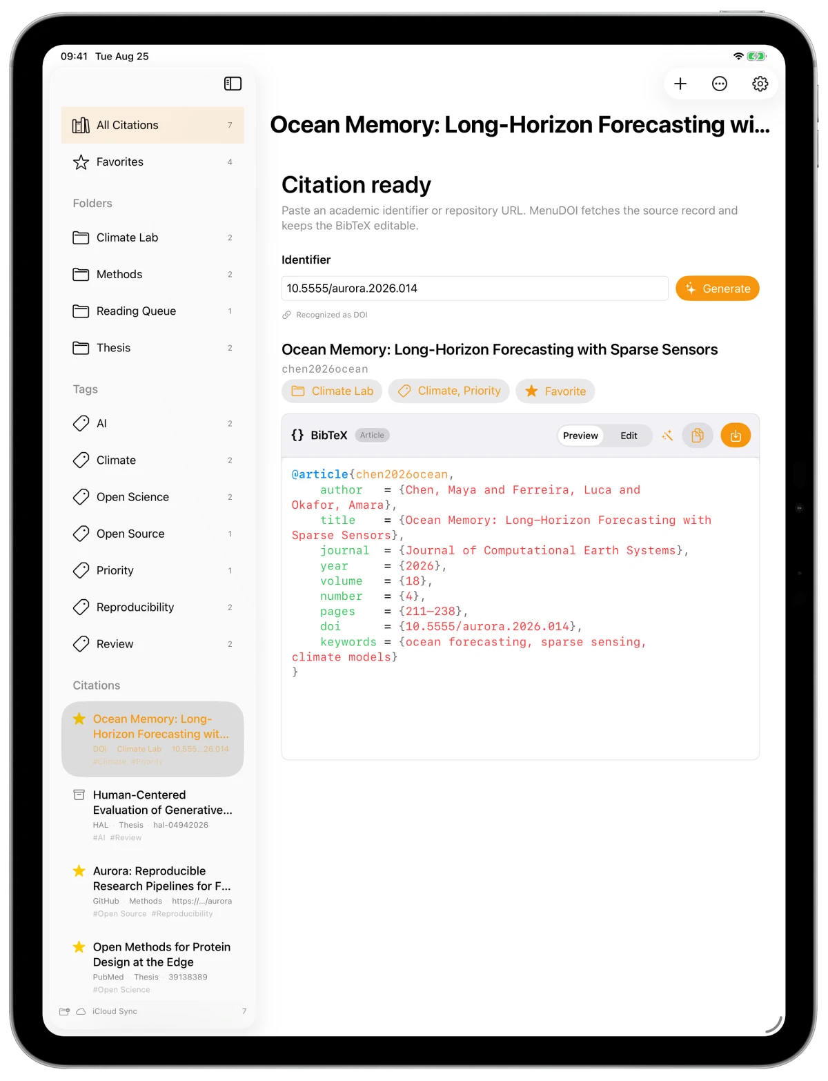 MenuDOI library in an iPad Pro frame with folders, tags, favourites and a selected citation