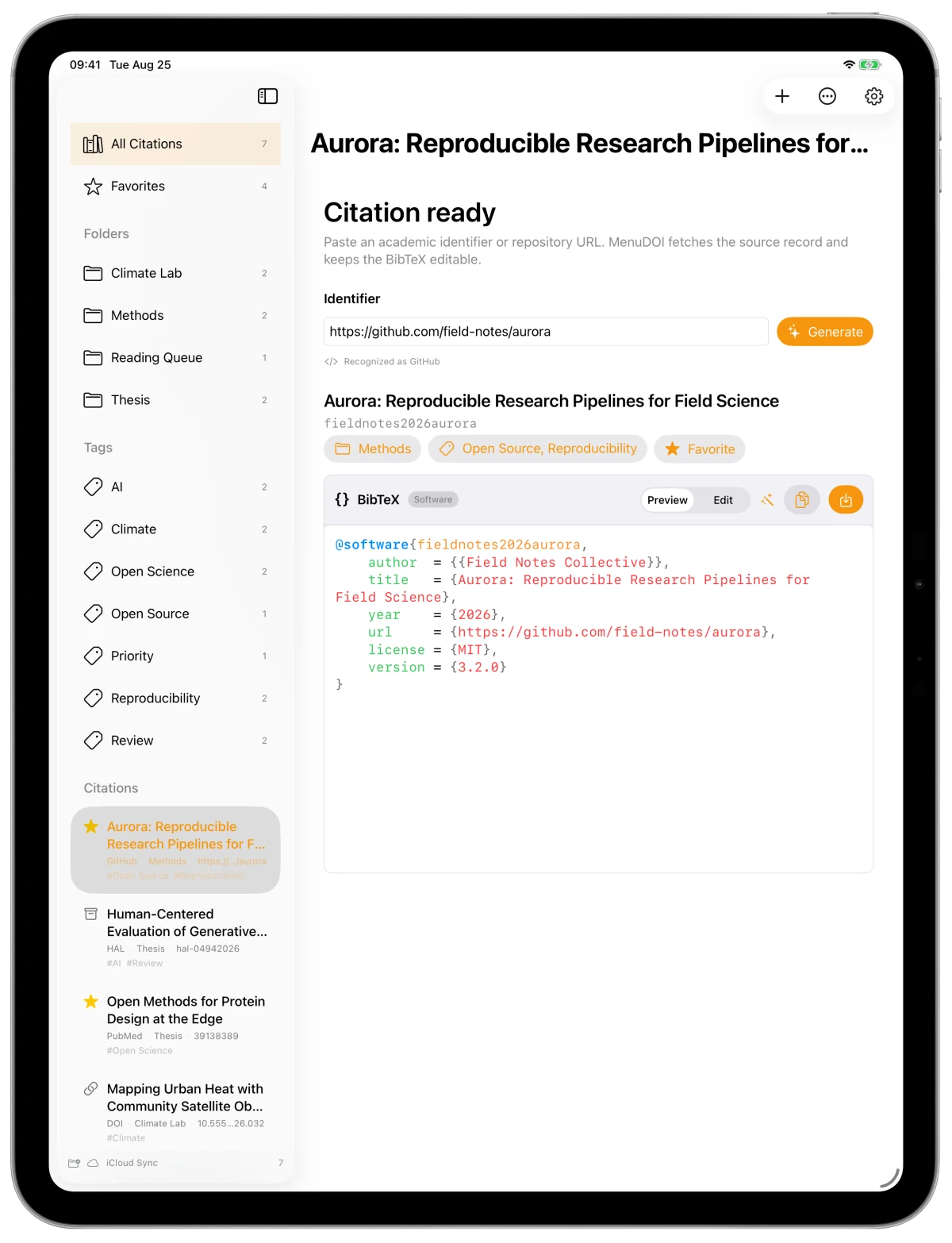 A GitHub software citation in MenuDOI inside an iPad Pro frame