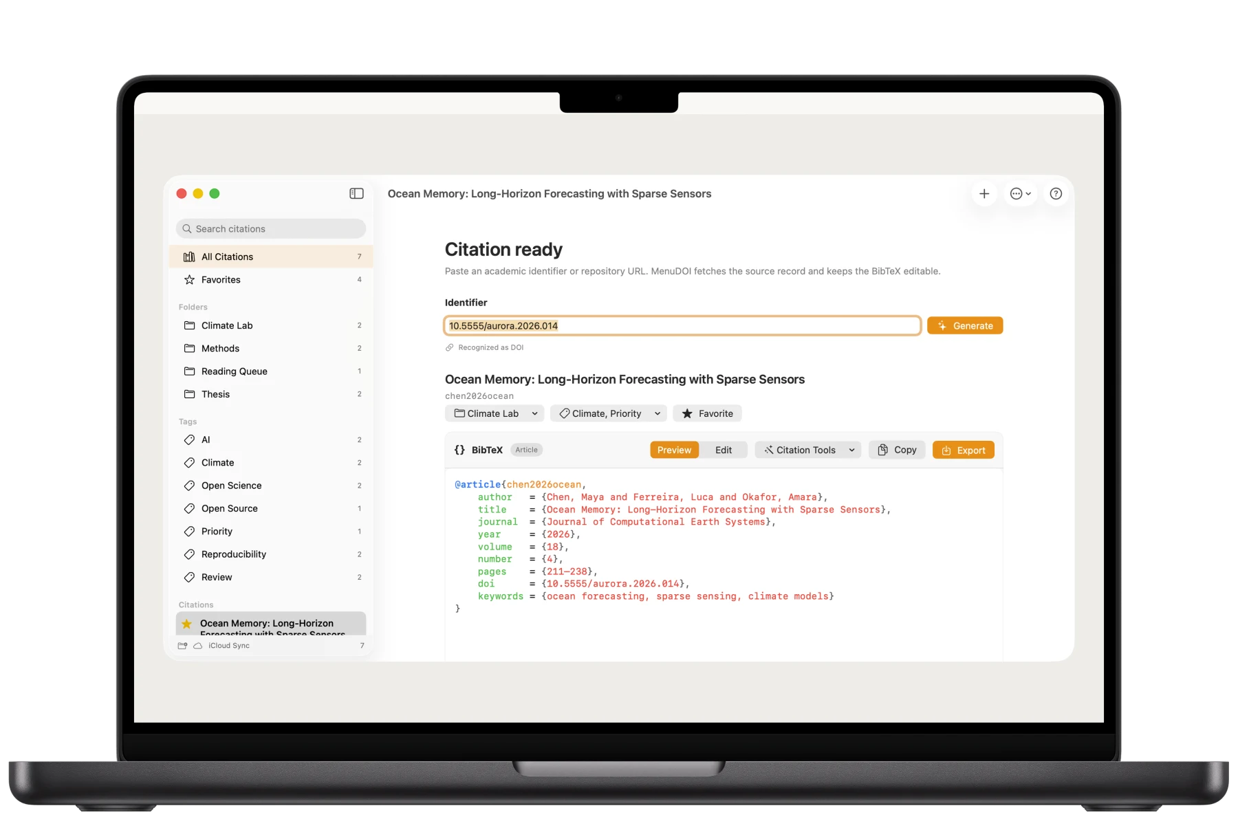 MenuDOI on a MacBook Pro, showing a citation library with folders, tags and formatted BibTeX